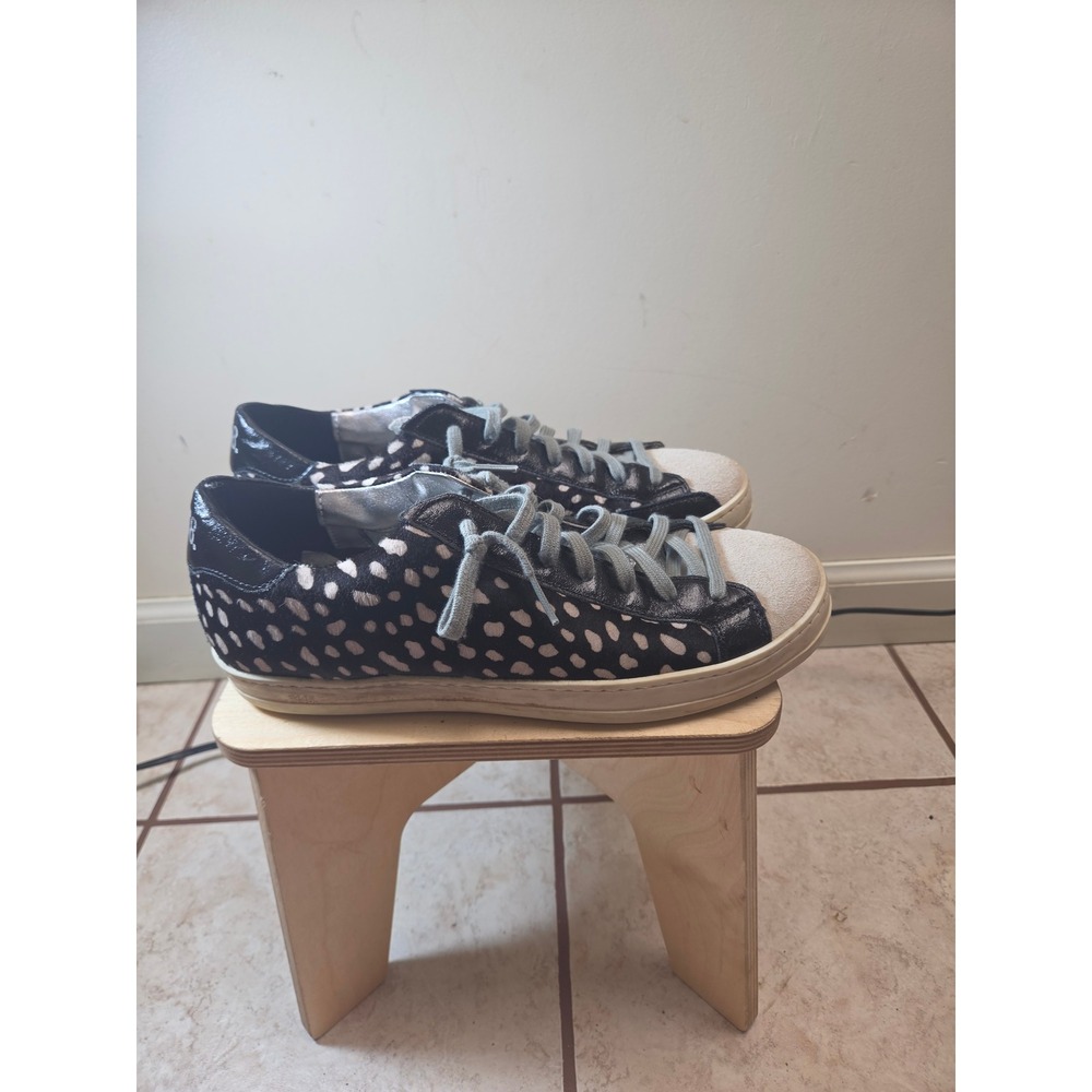 P448 John Animal Print Calf Hair Low Top Sneakers Black White Silver Size 39